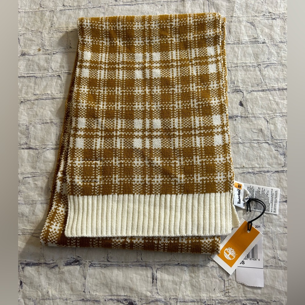 TIMBERLAND WOMEN’S PLAID IVORY/TAN/GOLDEN CARMEL  CHECK SCARF O/S OBLONG